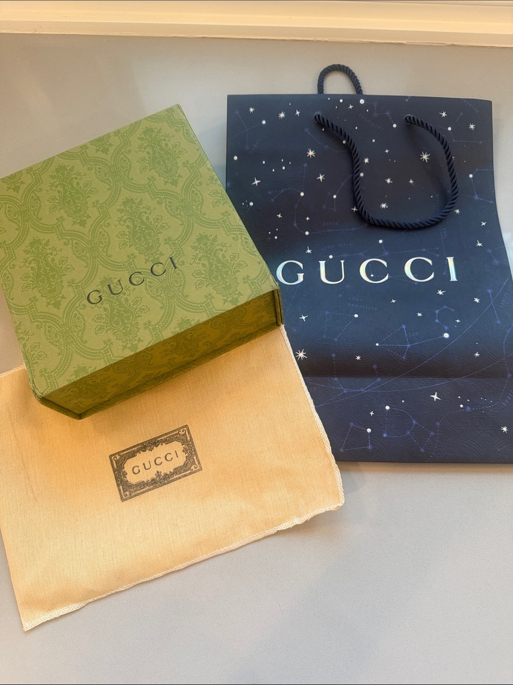 Gucci Green Box with Dustbag and Shopping Bag